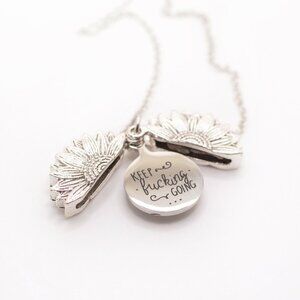 Silvertone "Keep F*cking Going" Encouragement Sunflower Necklace, New
